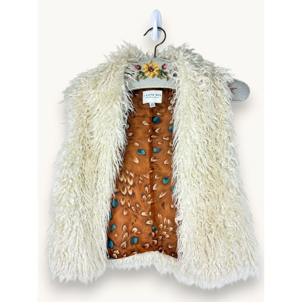 I Love H81 Shaggy Cream Faux-Fur Vest Western Boho Cottage Retro S